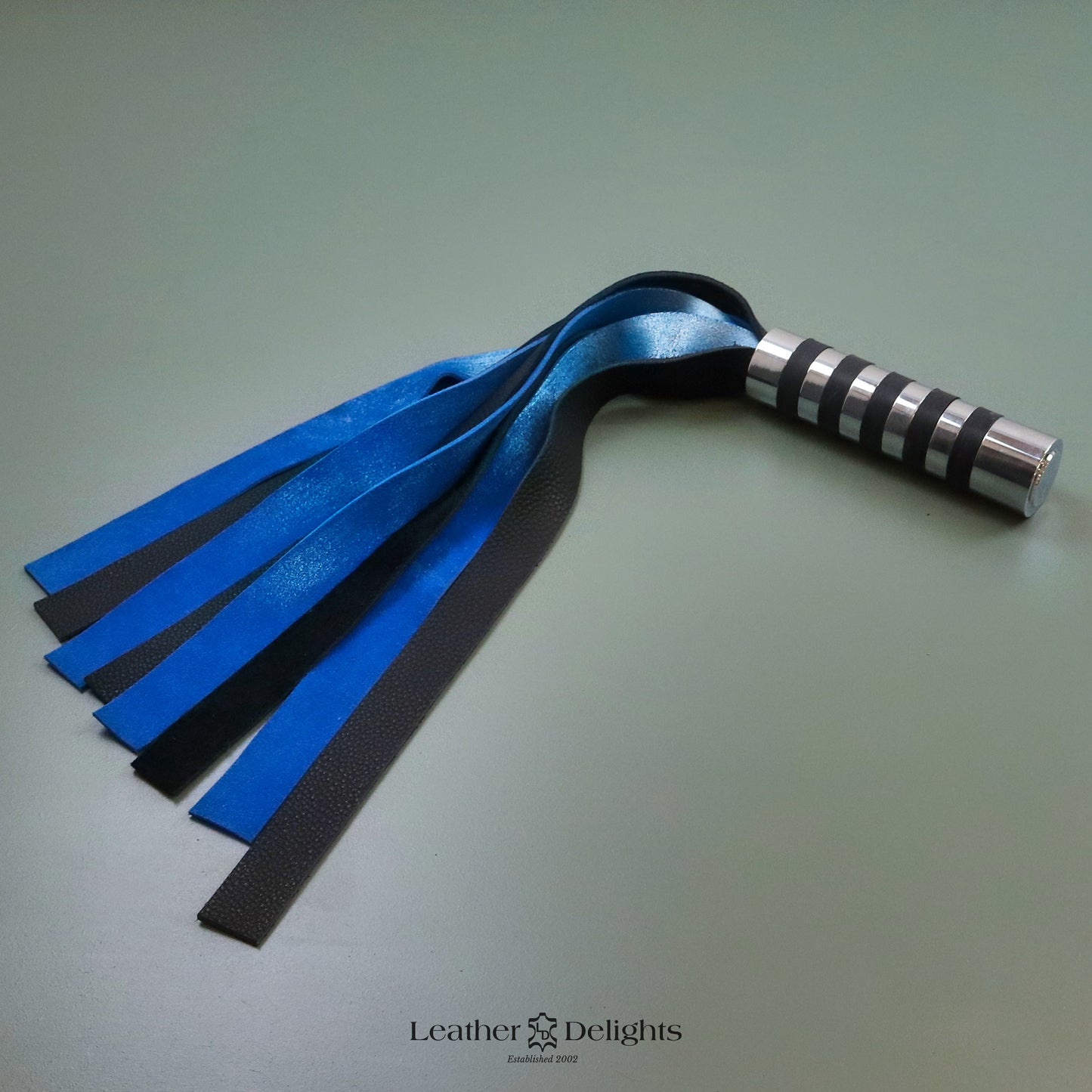Tarnished Metallic Blue Suede and Black Leather Flogger with Silver Handle