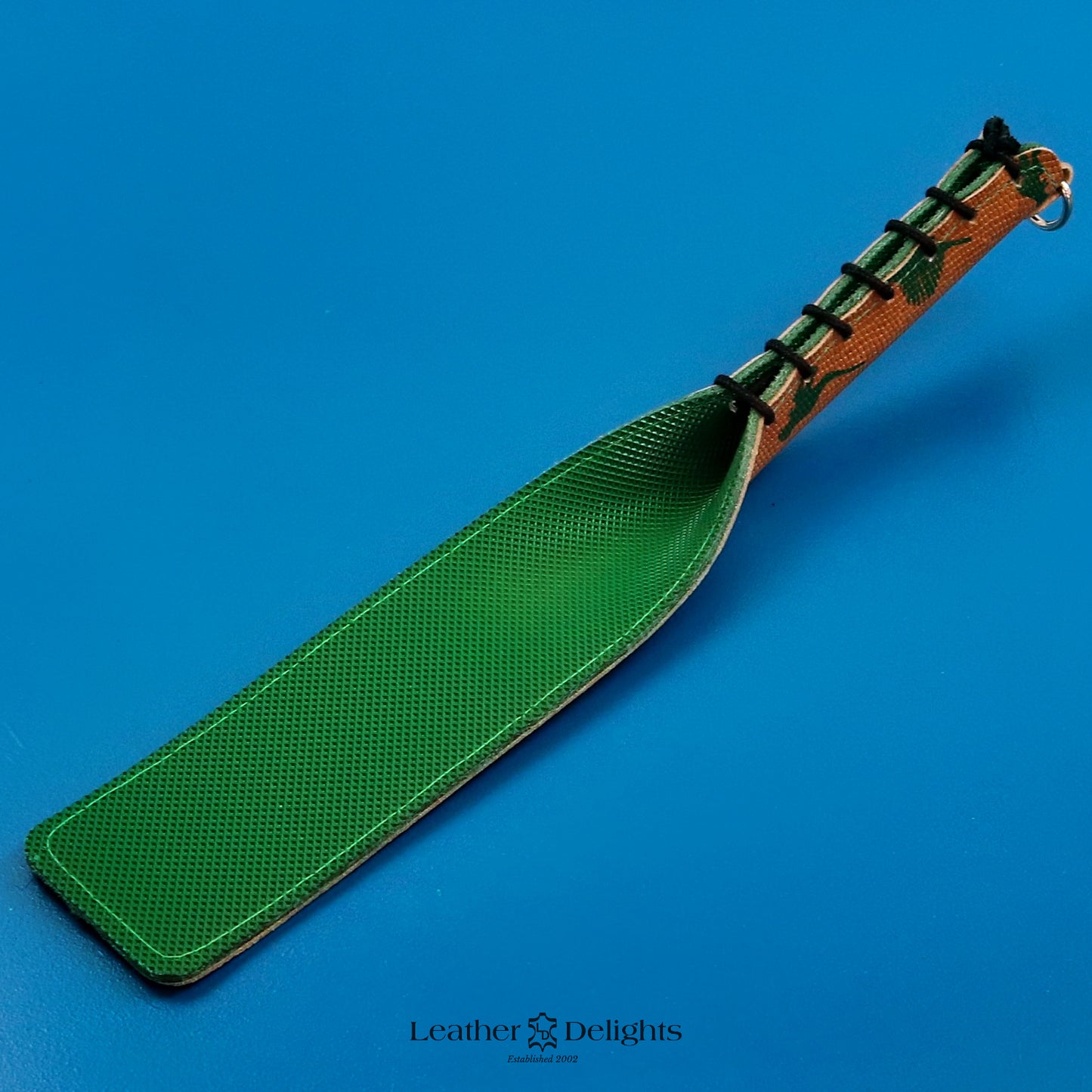 Double Cheek Slapper - Dinosaur Print Leather & Green Inverted Dimple Rubber