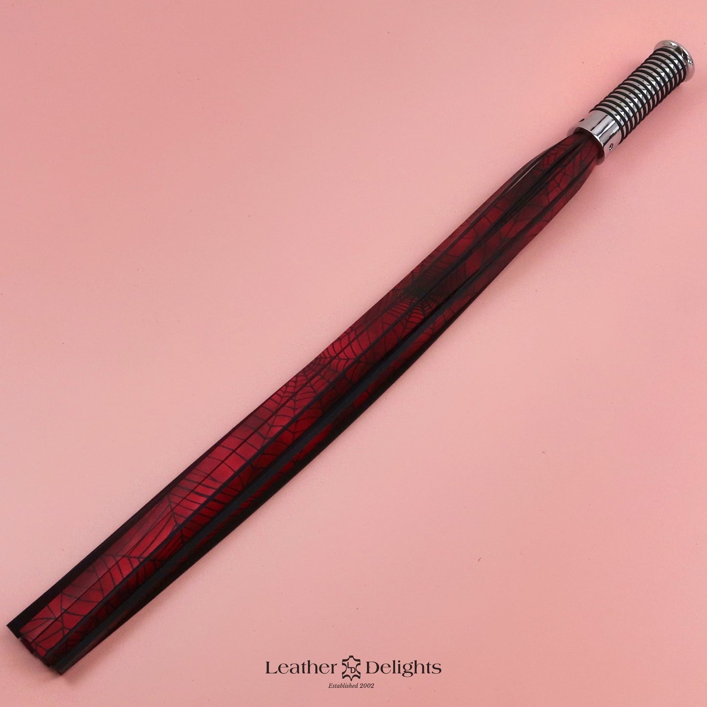 Red & Black Spider Web Leather Flogger with Silver Handle