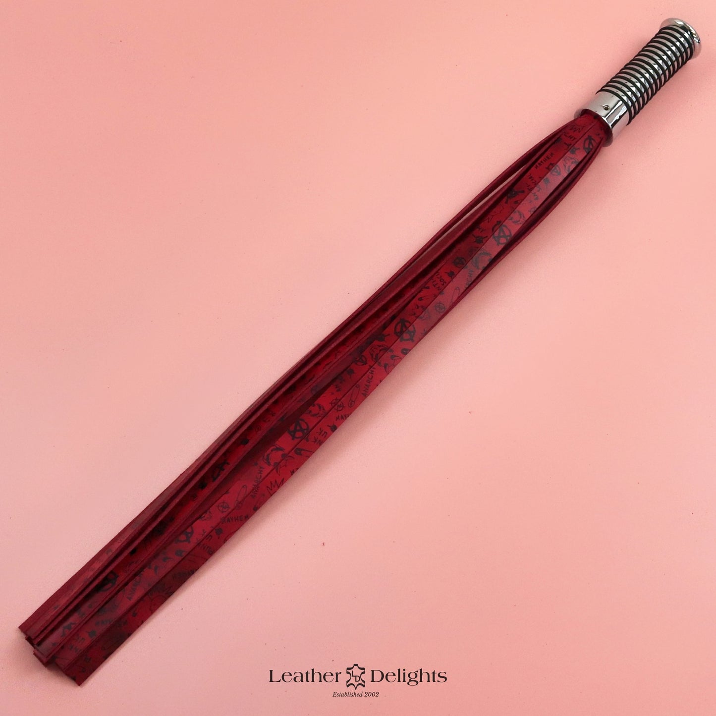 Red & Black Anarchy Leather Flogger with Silver Handle