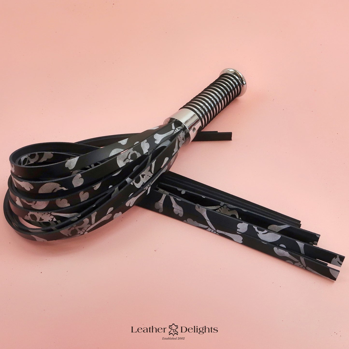 Black & White Skull & Crossbones Leather Flogger with Silver Handle