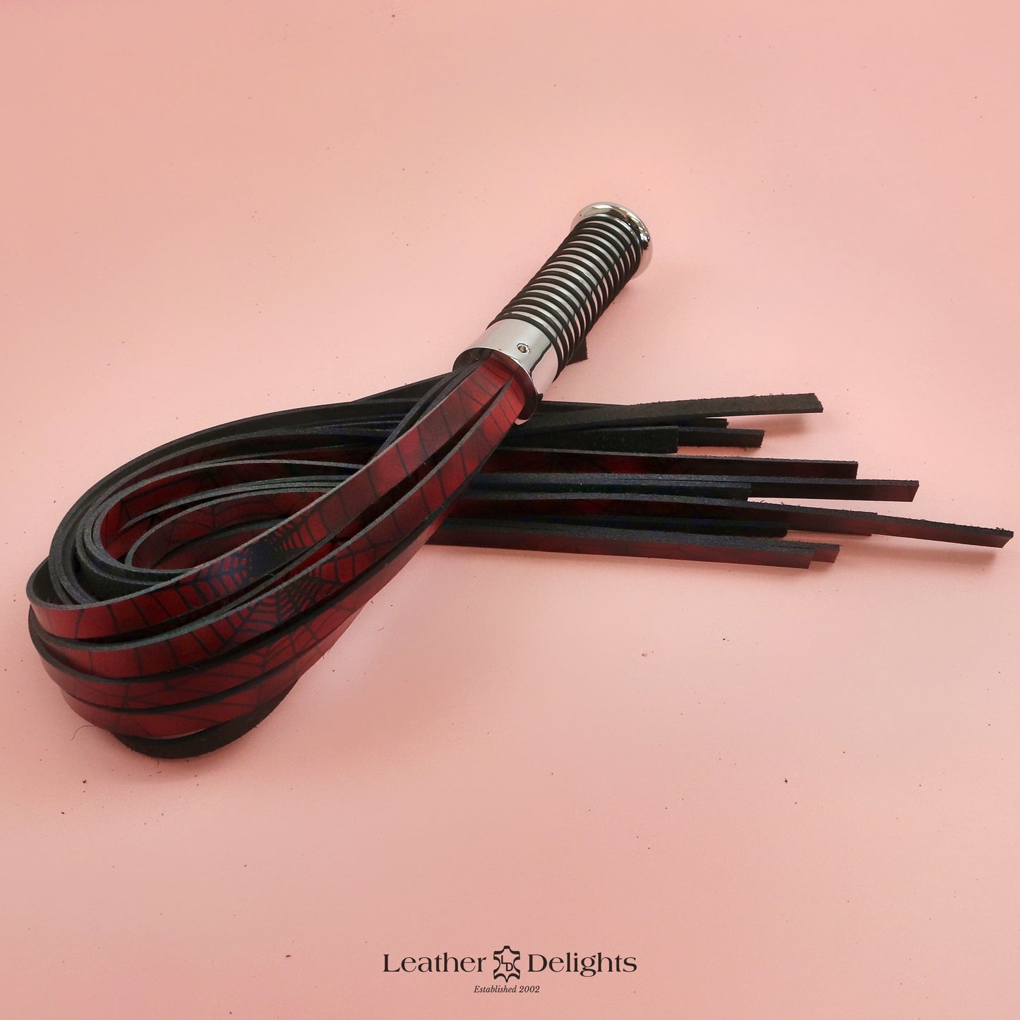Red & Black Spider Web Leather Flogger with Silver Handle