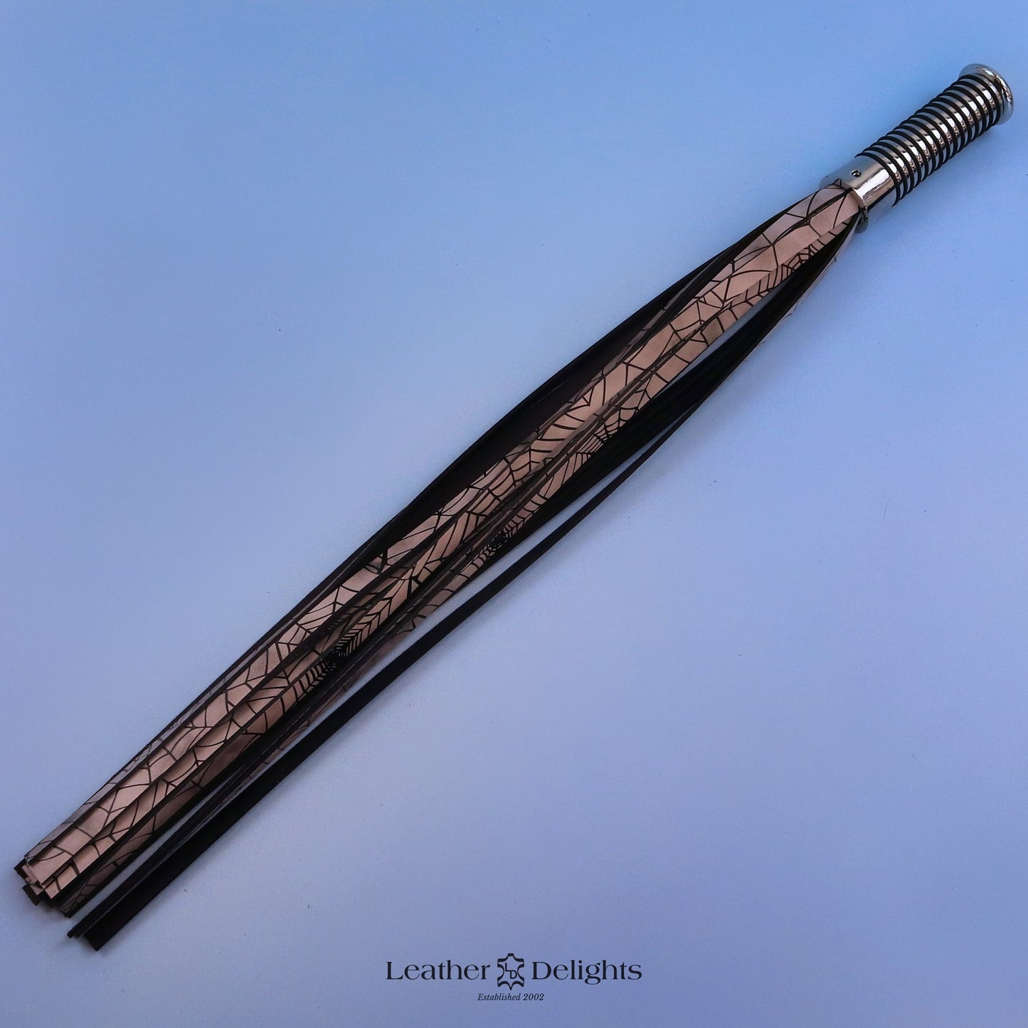 White & Black Spider Web Leather Flogger with Silver Handle