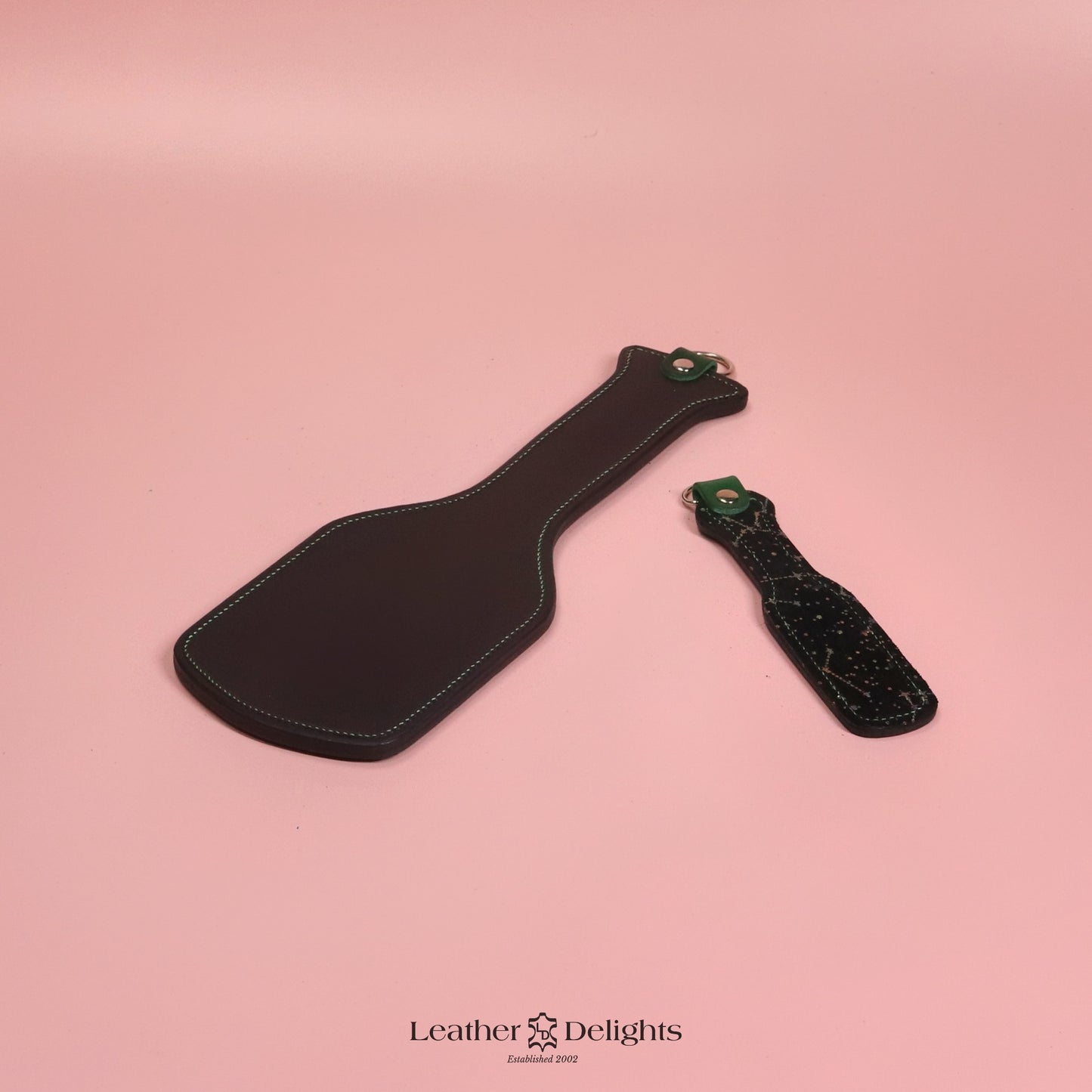 Intimidator Paddle - Black Leather with Metallic Galaxy and Green Stitching