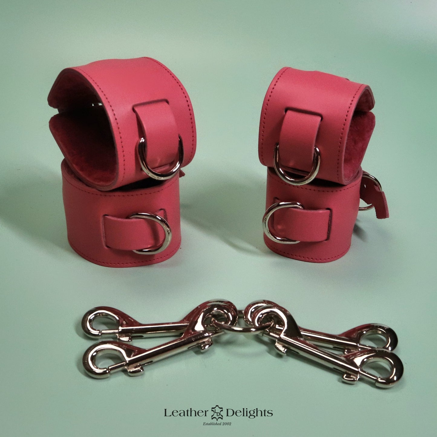 Heavy Bondage Cuffs - Pink Sheepskin & Baby Pink Leather