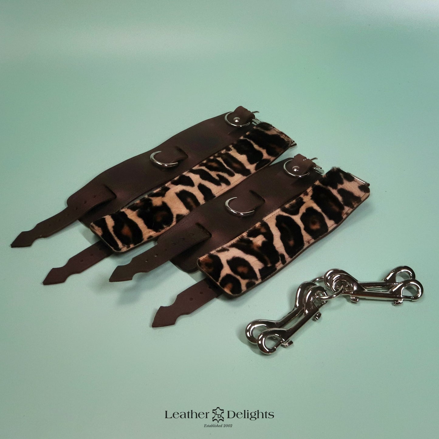 Heavy Bondage Cuffs - Leopard Print Sheepskin & Brown Leather