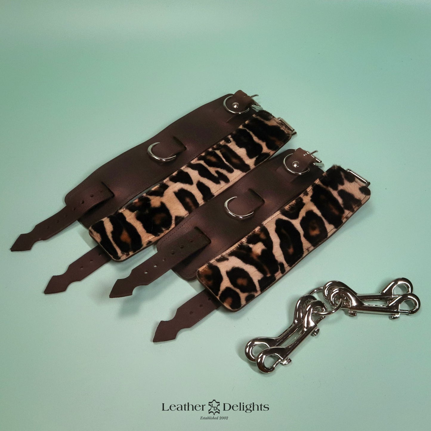Heavy Bondage Cuffs - Leopard Print Sheepskin & Brown Leather