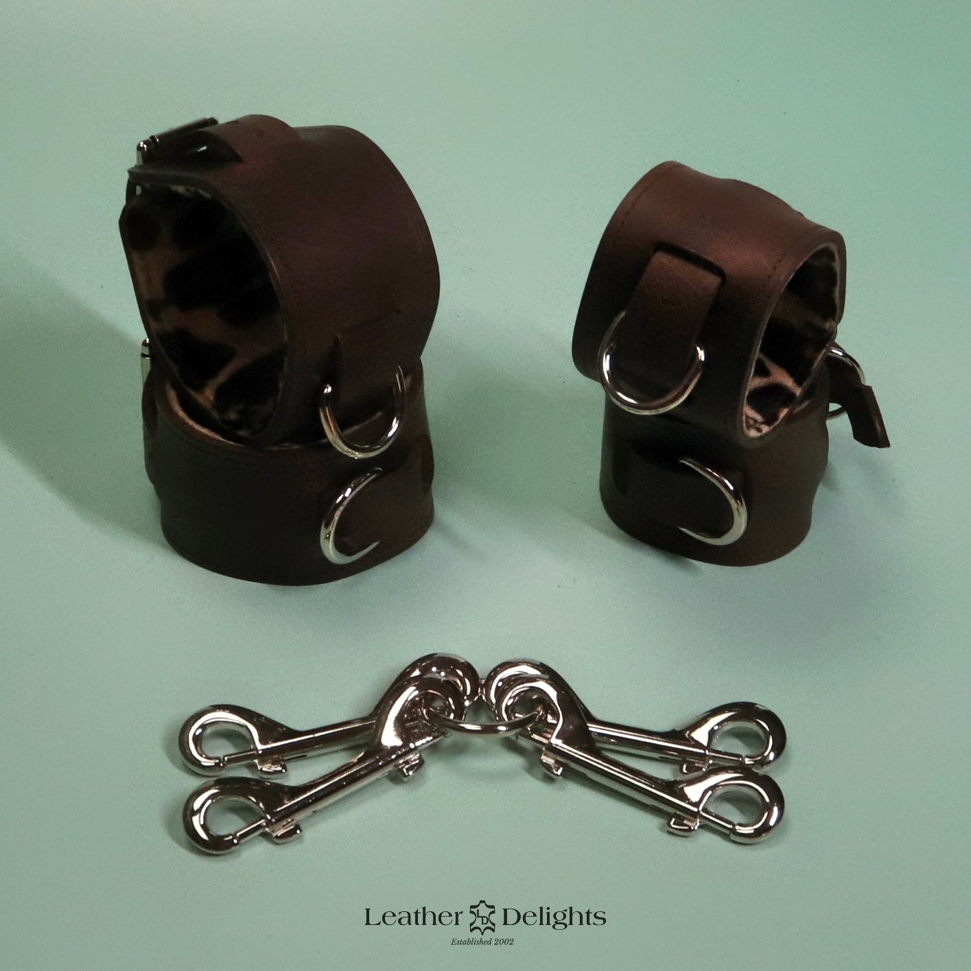 Heavy Bondage Cuffs - Leopard Print Sheepskin & Brown Leather