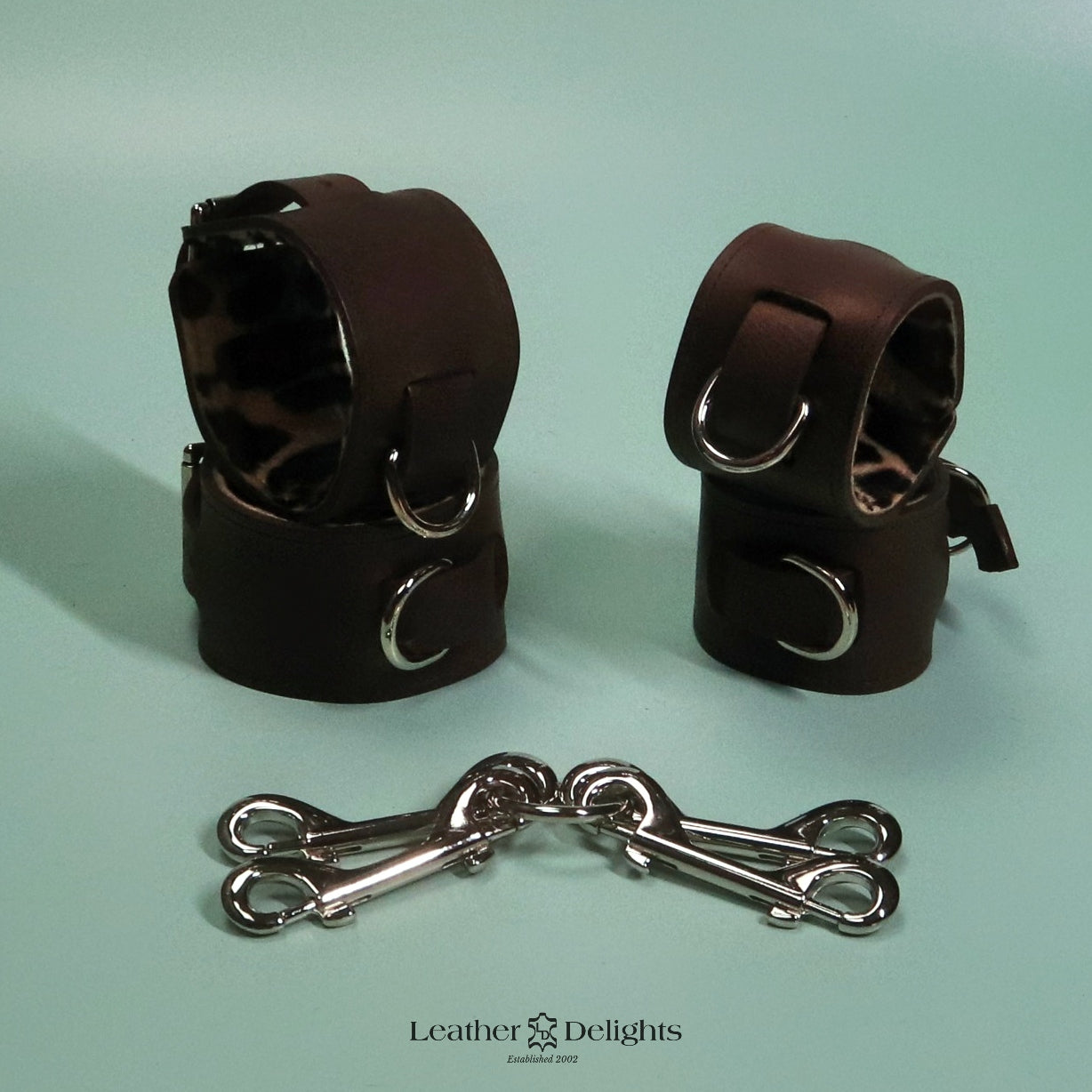 Heavy Bondage Cuffs - Leopard Print Sheepskin & Brown Leather