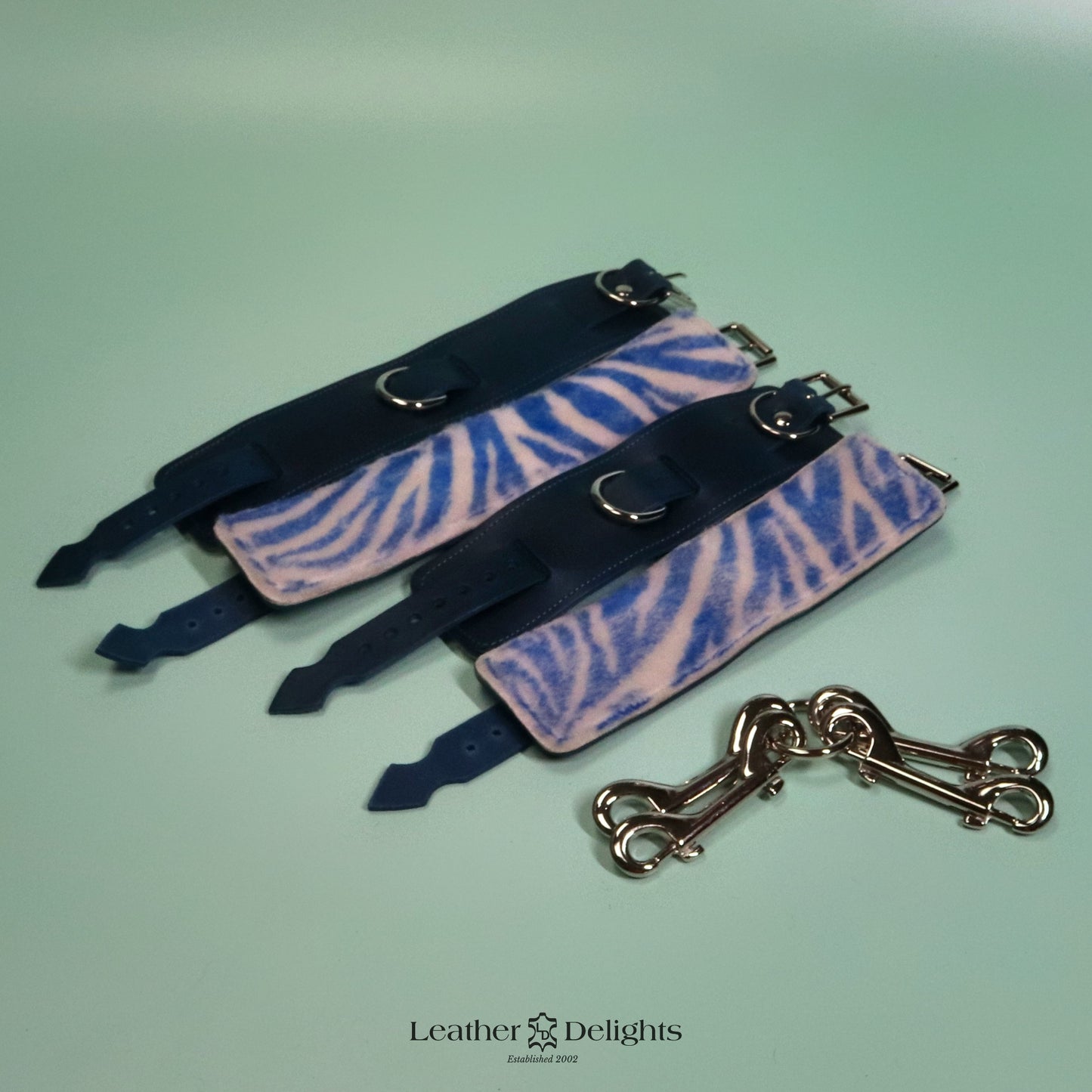 Heavy Bondage Cuffs - Blue Zebra Print Sheepskin & Blue Leather