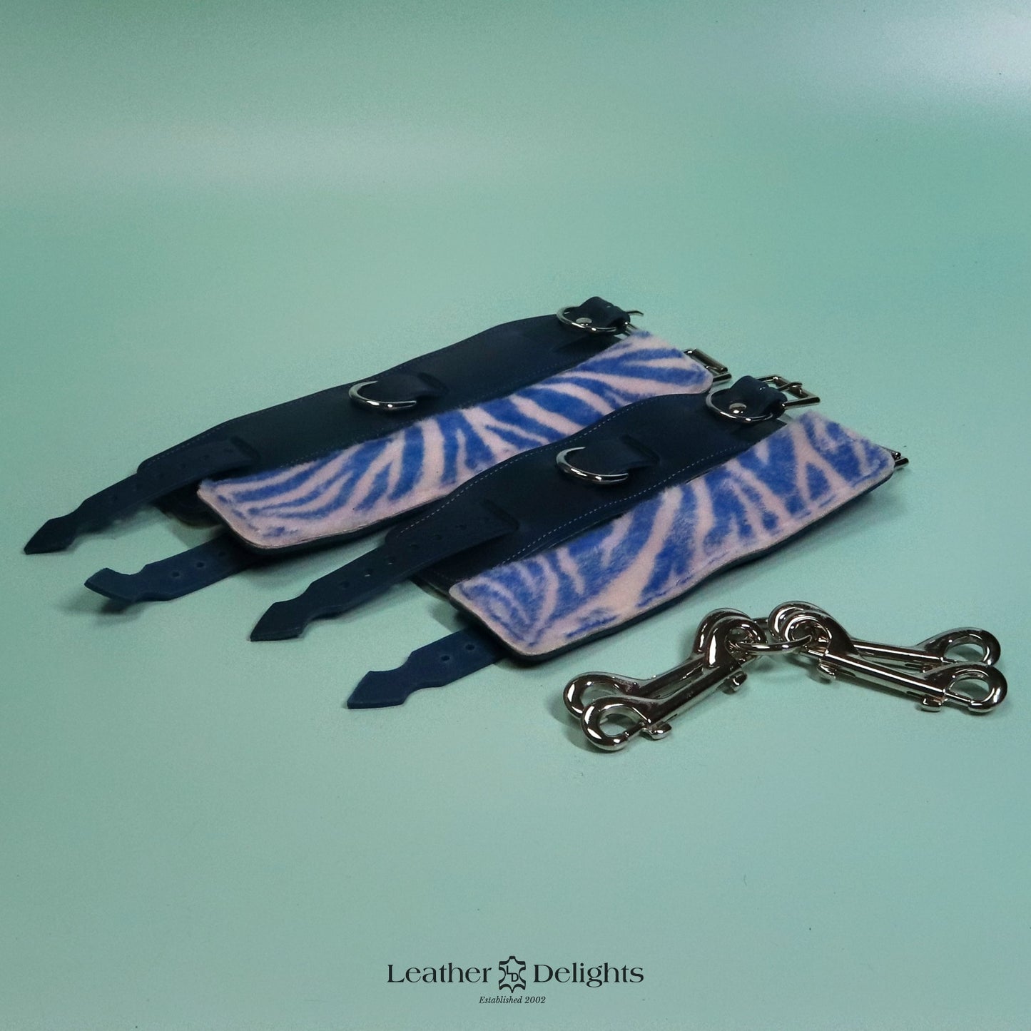 Heavy Bondage Cuffs - Blue Zebra Print Sheepskin & Blue Leather