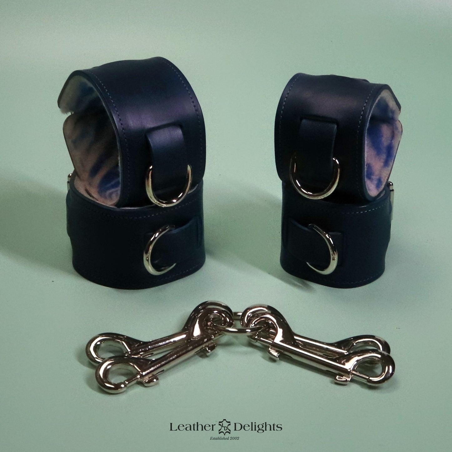 Heavy Bondage Cuffs - Blue Zebra Print Sheepskin & Blue Leather