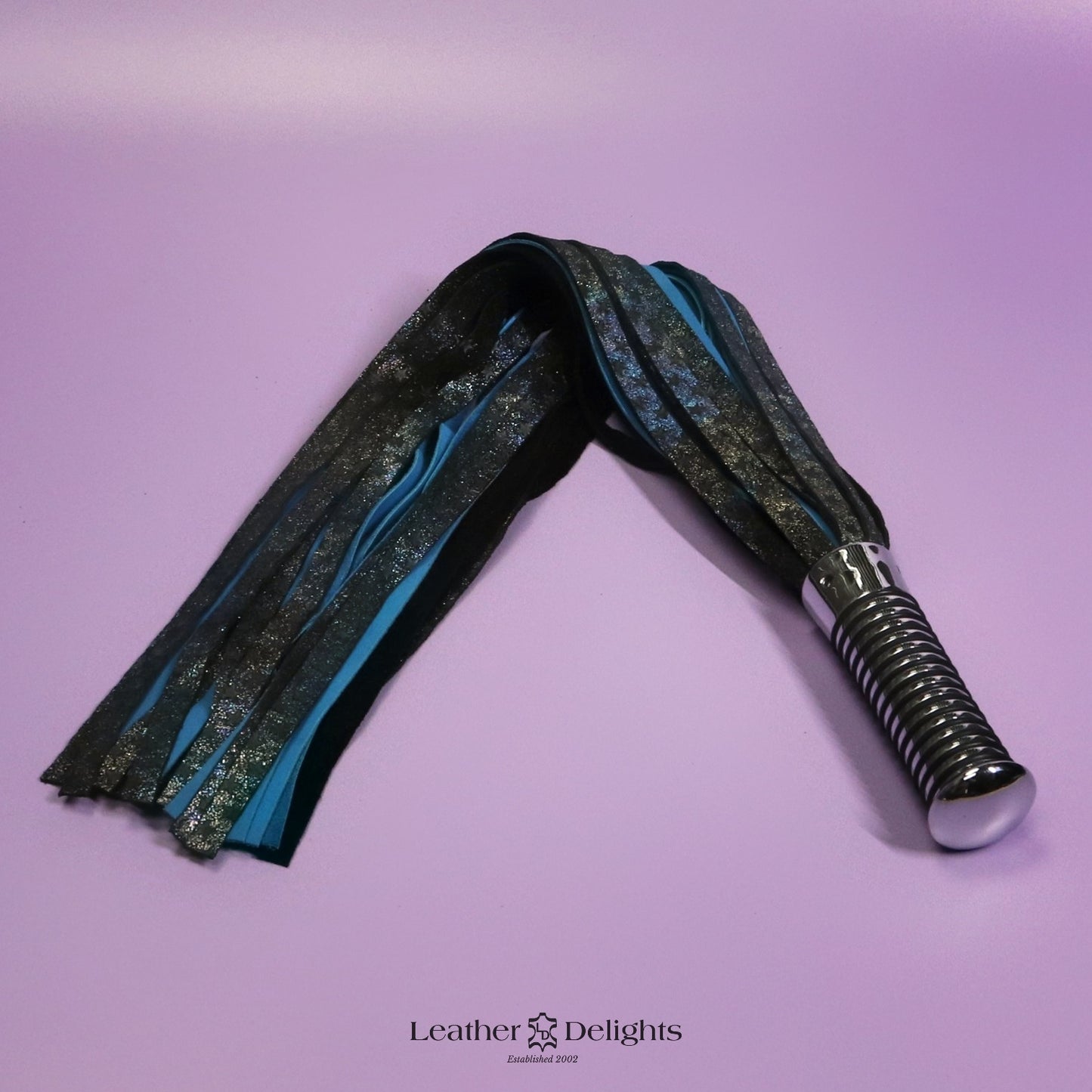 Torture Chamber Flogger - Rainbow Metallic Embossed Star & Turquoise Suede