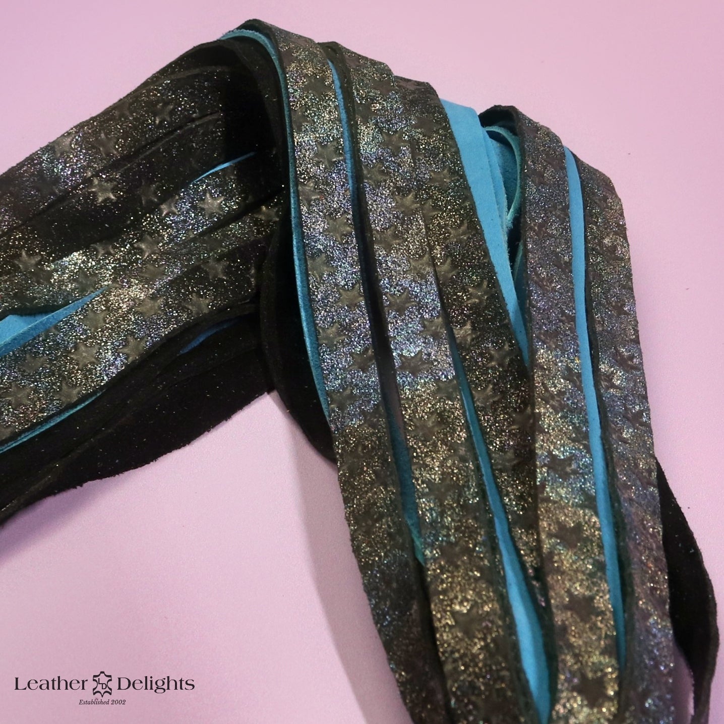 Torture Chamber Flogger - Rainbow Metallic Embossed Star & Turquoise Suede