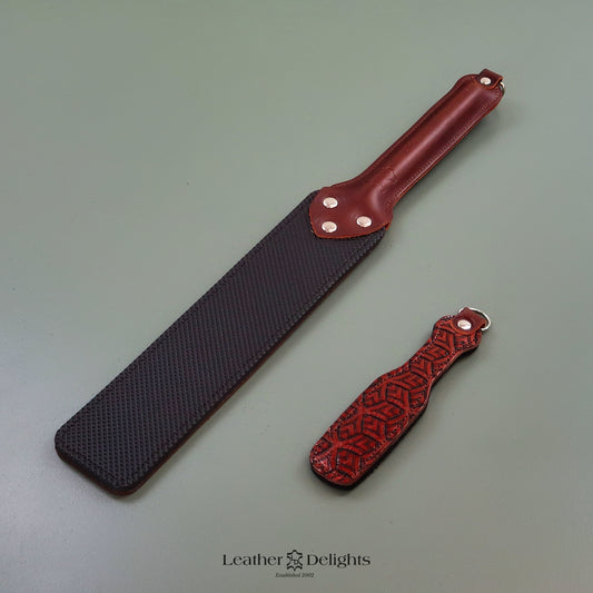 Punishment Paddle - Patterned Brown Leather & Dimpled Rubber