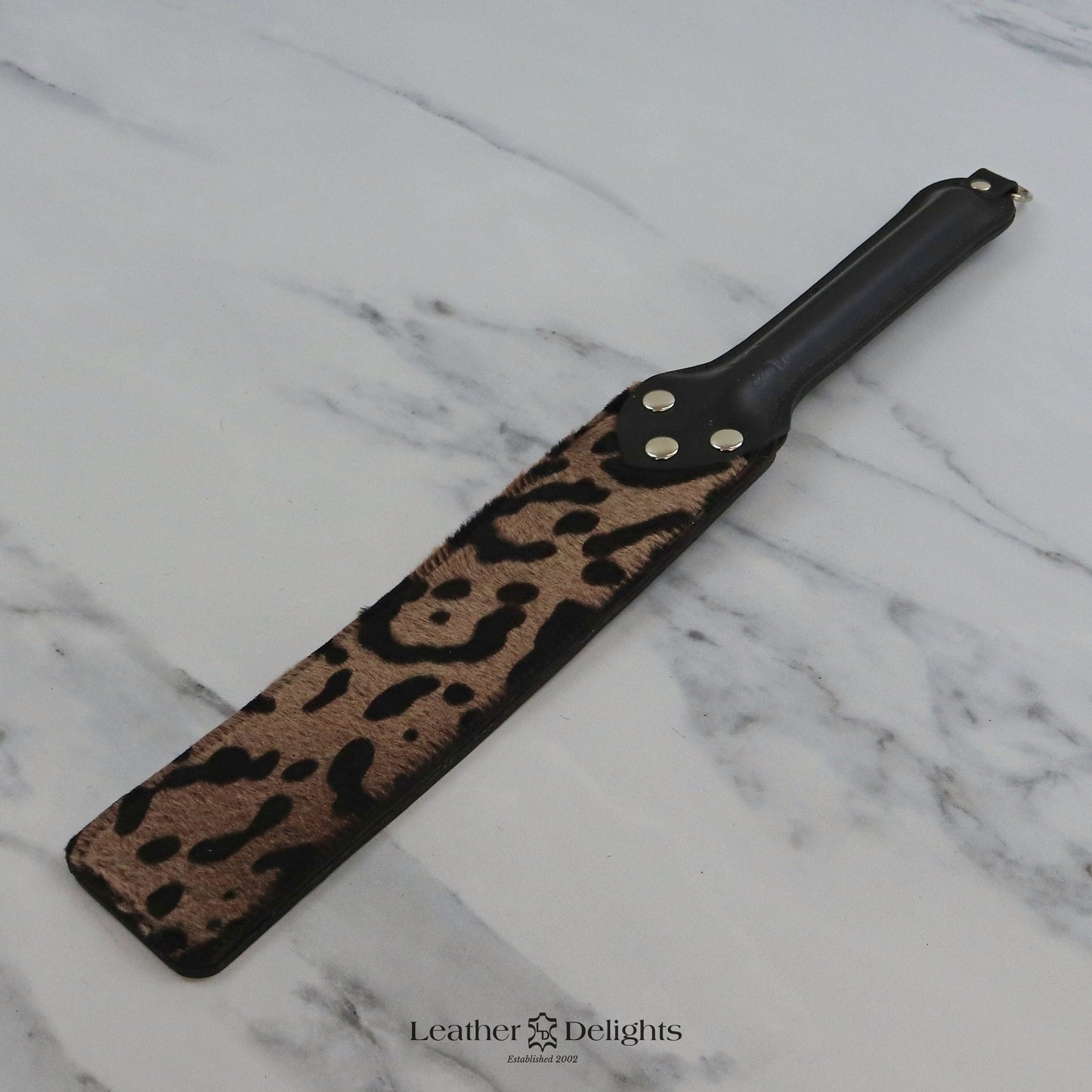 Punishment Paddle - Animal Print Sheepskin & Black Buffalo Leather