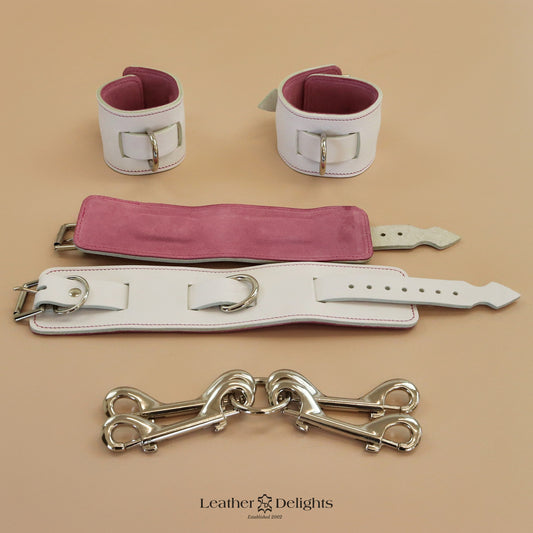 White Wrist & Ankle Cuffs with Baby Pink Suede Lining