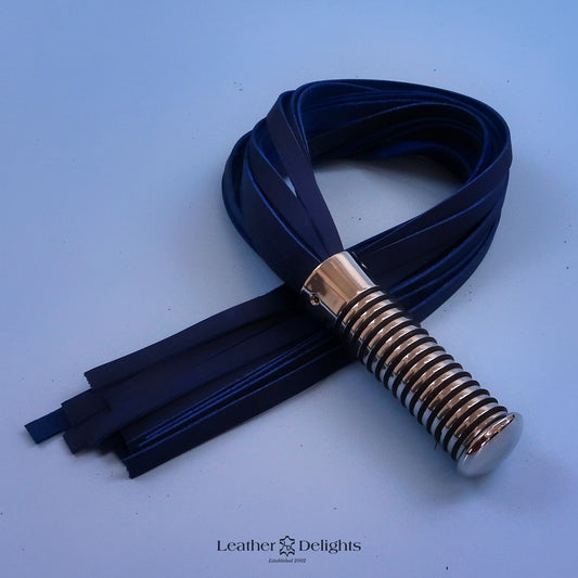 Blue Pull Up Leather Flogger with Silver Handle