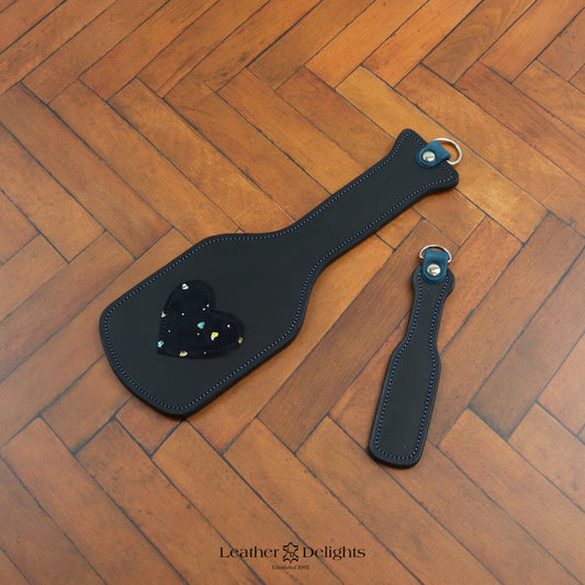 Intimidator Paddle - Black Leather with Sparkly Heart & Blue Accents