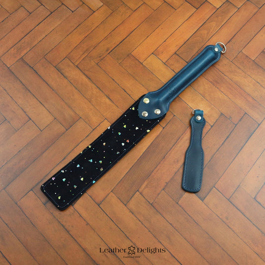 Punishment Paddle - Sparkly Hearts & Blue Leather with a Blue Handle