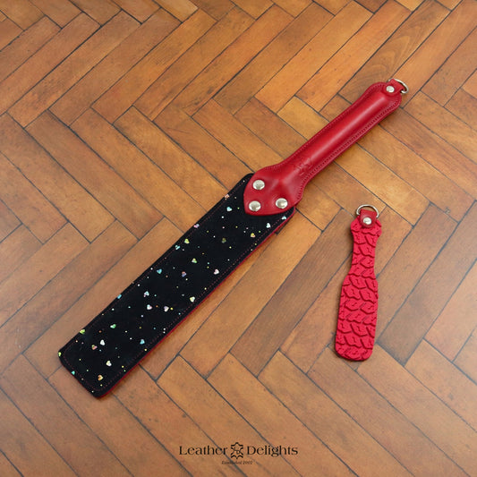 Punishment Paddle - Sparkly Hearts & Red Tyre Tread Rubber with a Red Handle