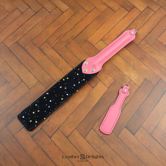 Punishment Paddle - Sparkly Hearts & Baby Pink Leather with a Baby Pink Handle