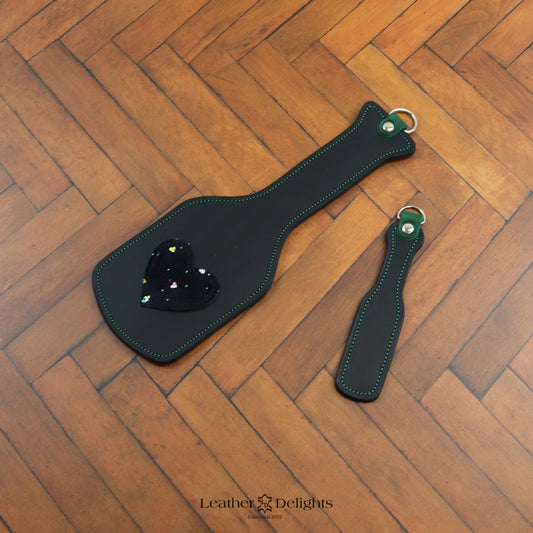 Intimidator Paddle - Black Leather with Sparkly Heart & Green Accents