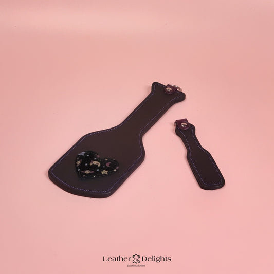 Intimidator Paddle - Black Leather with Moon & Stars and Purple Stitching