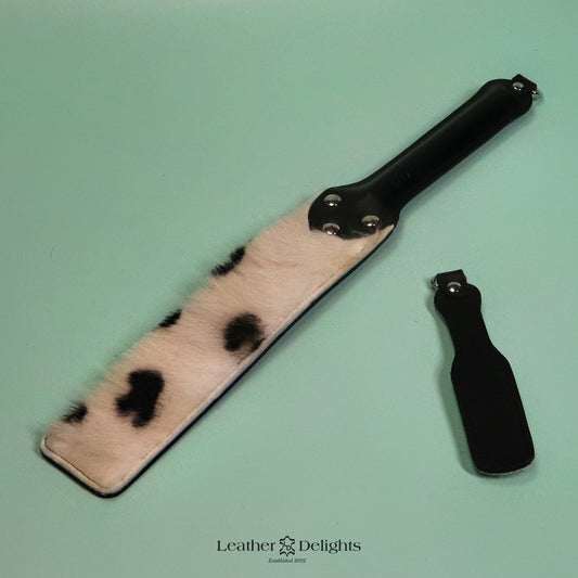 Punishment Paddle -  Cream Sheepskin with Black Spots & Black Leather