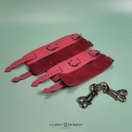 Heavy Bondage Cuffs - Pink Sheepskin & Baby Pink Leather