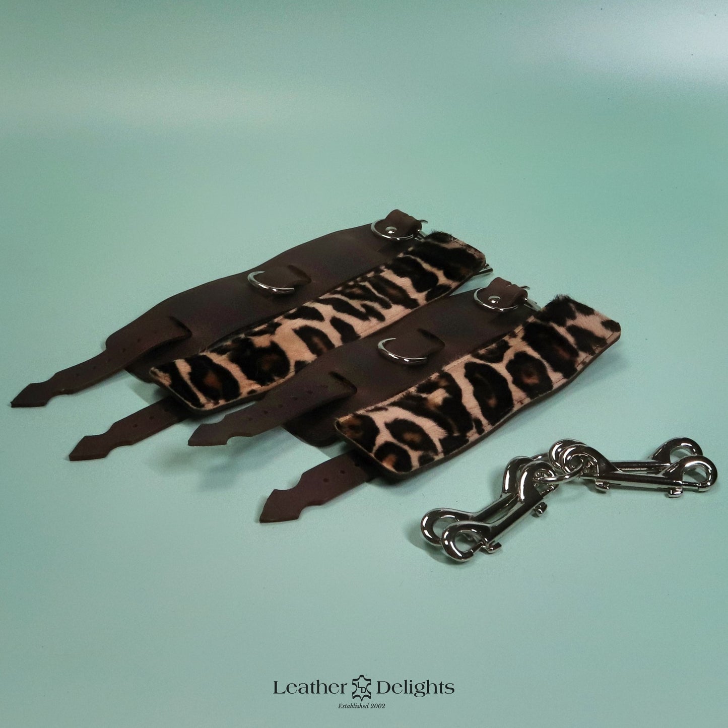 Heavy Bondage Cuffs - Leopard Print Sheepskin & Brown Leather