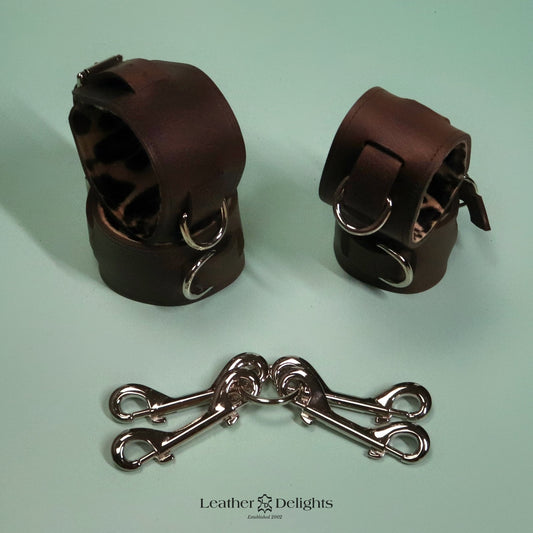 Heavy Bondage Cuffs - Leopard Print Sheepskin & Brown Leather