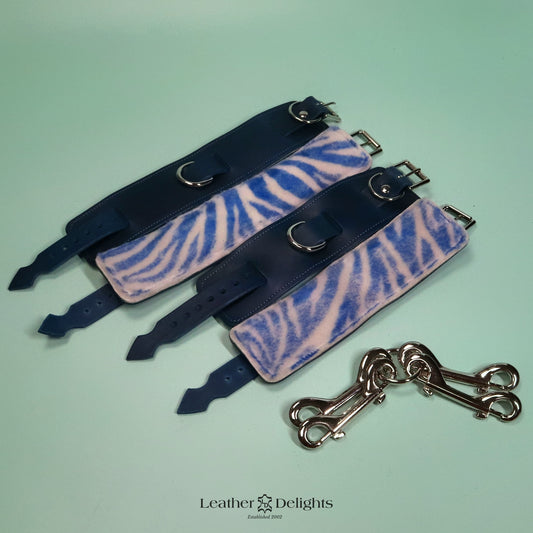 Heavy Bondage Cuffs - Blue Zebra Print Sheepskin & Blue Leather