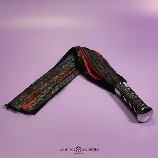 Torture Chamber Flogger - Rainbow Metallic Embossed Star & Red Suede