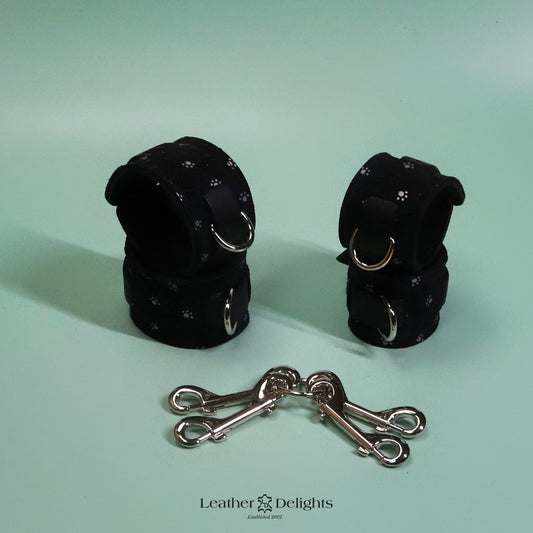 Heavy Bondage Cuffs - Paw Print Suede with Soft Leather Lining
