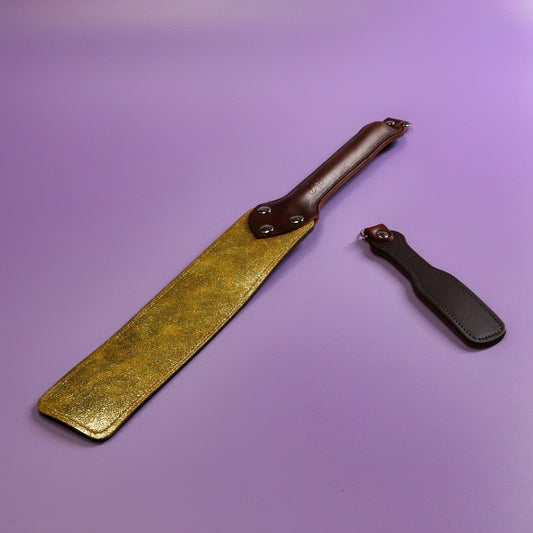 Punishment Paddle - Metallic Yellow Suede & Brown Leather