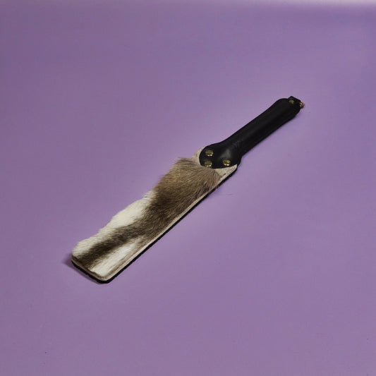 Punishment Paddle - Black Tyre Tread Rubber & Hair on Hide Reindeer with  Brass Hardware