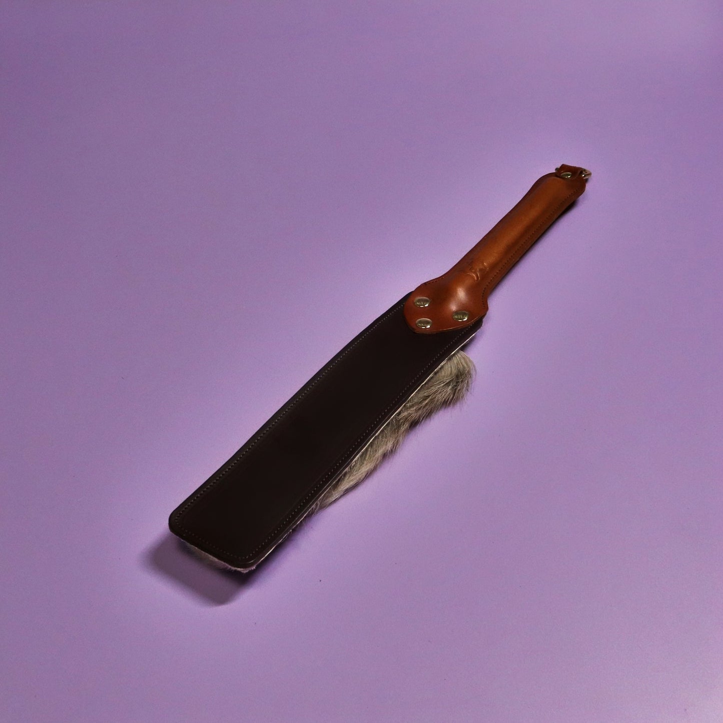 Punishment Paddle - Brown Leather & Hair on Hide Reindeer with Tan Handle & Brass Hardware
