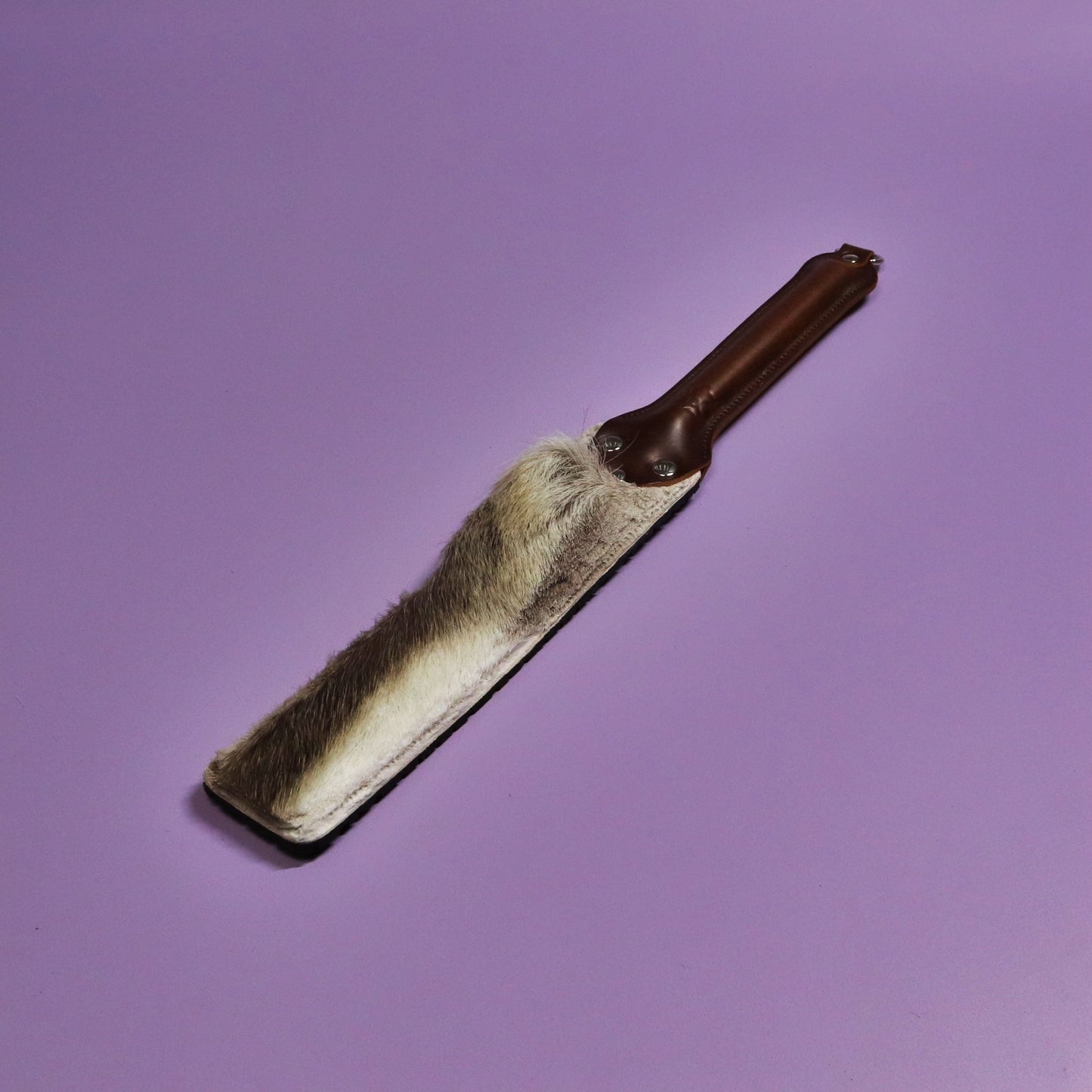 Punishment Paddle - Black Tyre Tread Rubber & Hair on Hide Reindeer with Brown Handle