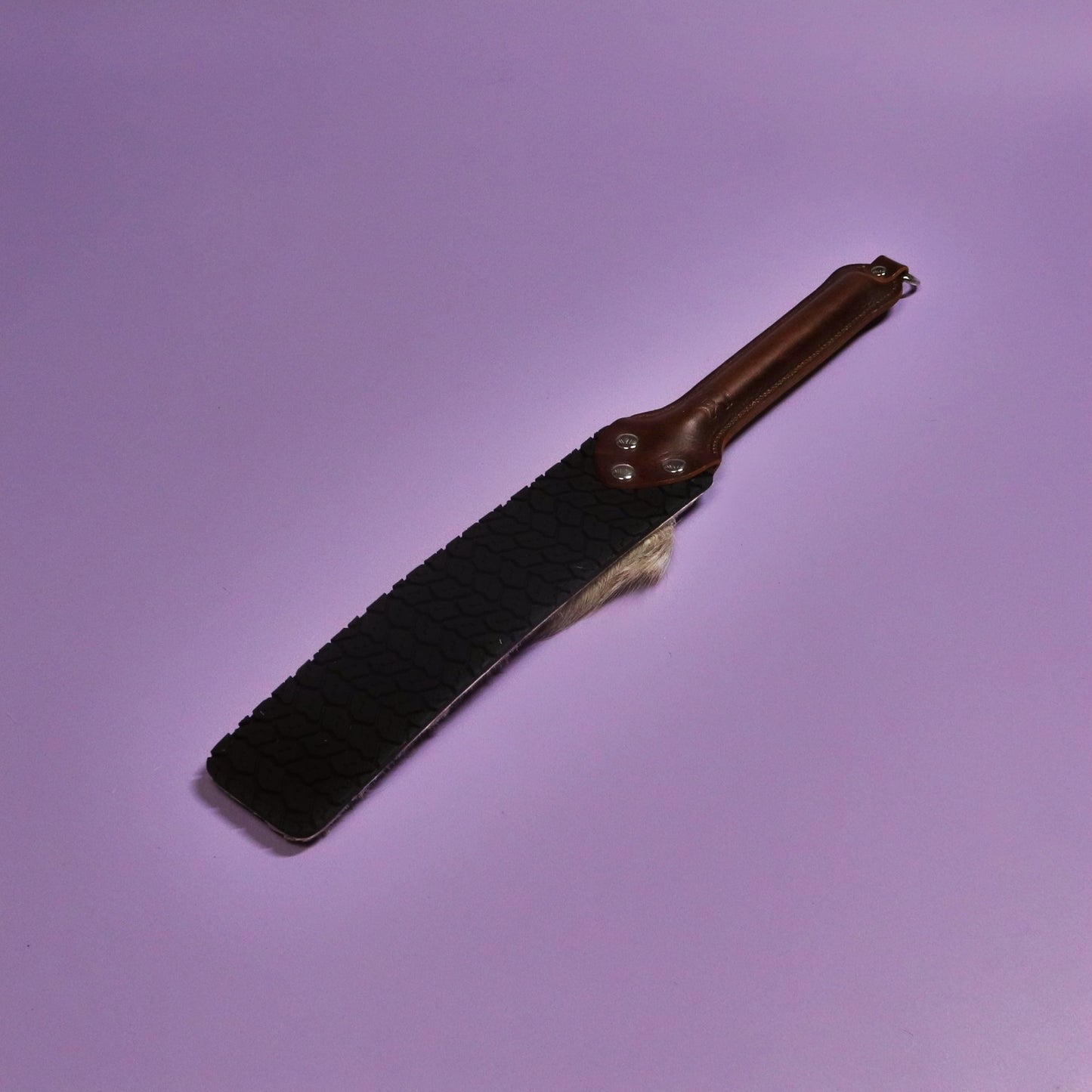 Punishment Paddle - Black Tyre Tread Rubber & Hair on Hide Reindeer with Brown Handle