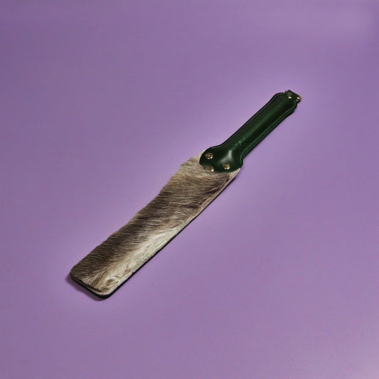 Punishment Paddle - Green Italian Leather & Hair on Hide Reindeer with Brass Hardware