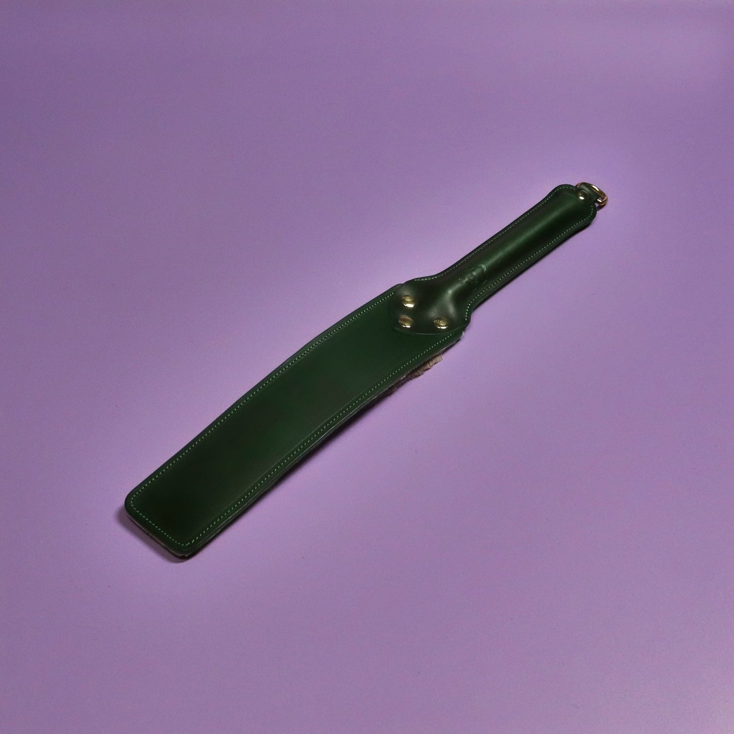 Punishment Paddle - Green Italian Leather & Hair on Hide Reindeer with Brass Hardware