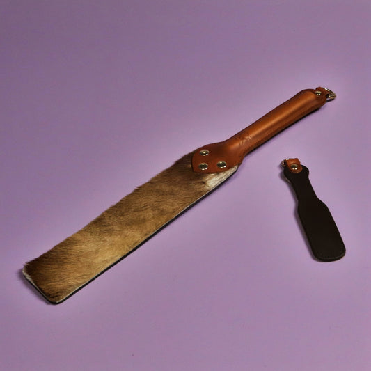 Punishment Paddle - Firm Brown Leather & Springbok with Tan Handle & Brass Hardware